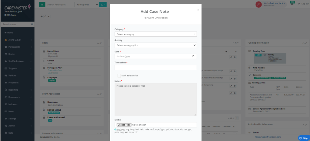 A screenshot of what it looks like to add a Case Note in the CareMaster software for NDIS Providers