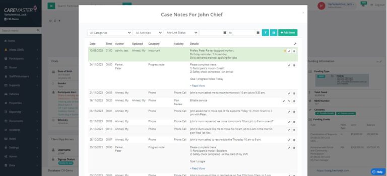 A screenshot of the CareMaster software highlighting the case notes checklist